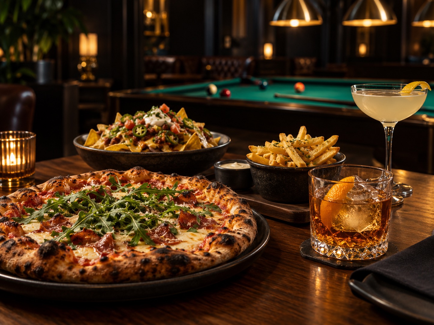 Konzeptbild mit Pizza, Nachos, Pommes und Cocktails auf einem Loungetisch